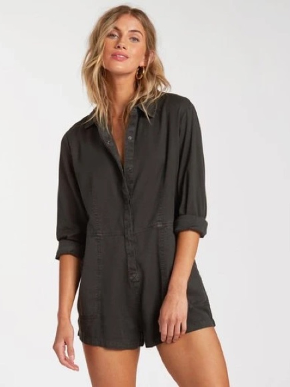 Billabong Gigi Playsuit Romper Oversized Faded Black Cotton Long Sleeve Medium